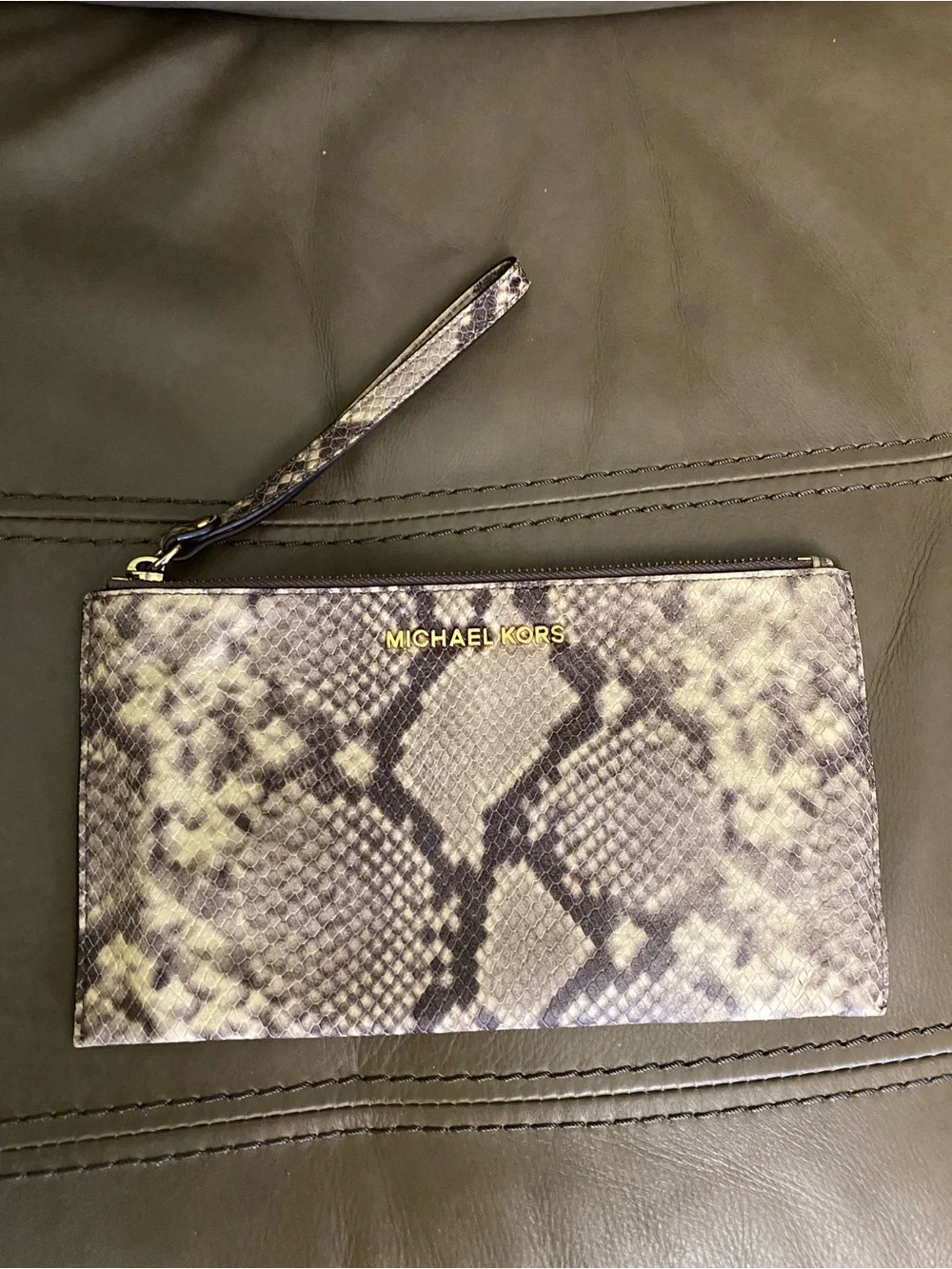 Michael Kors Large Snake Print Leather Wristlet Clutch - Taupe & Brown